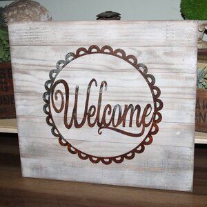 NEW Large Rustic Distressed Wood & Rusty Metal Farmhouse WELCOME Wall Decor